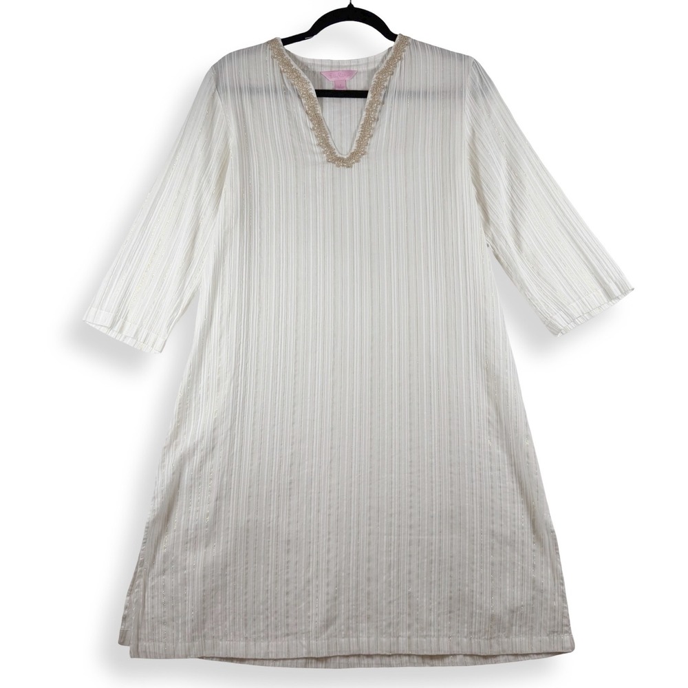 Lilly Pulitzer Womens Small White Gold Metallic Stripe Tunic Dress Lace Trim